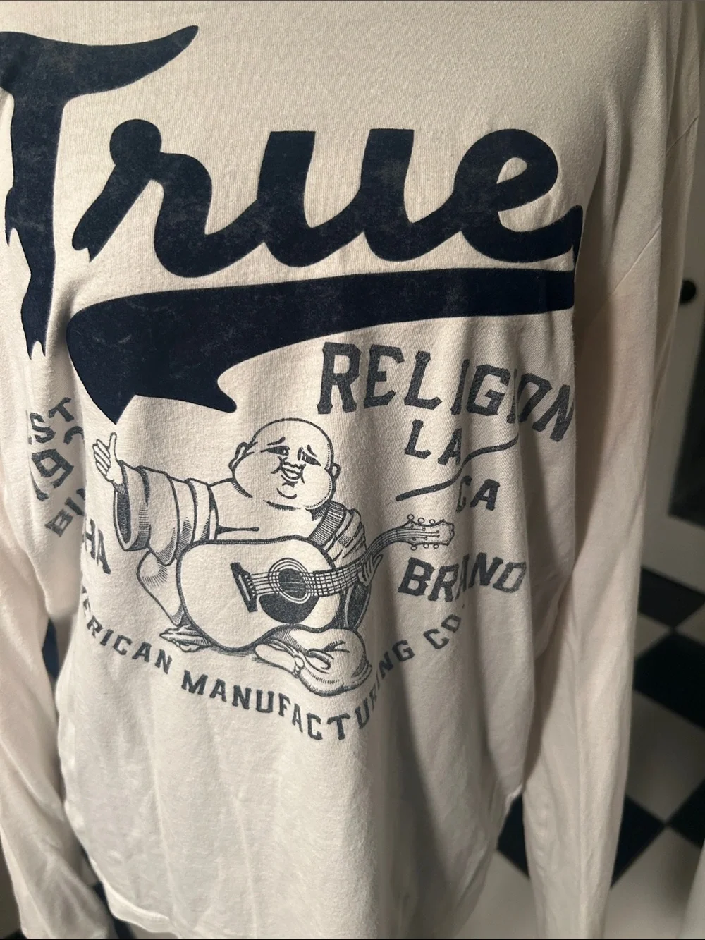True Religion Cream Long Sleeve Tee with Navy Graphic Logo